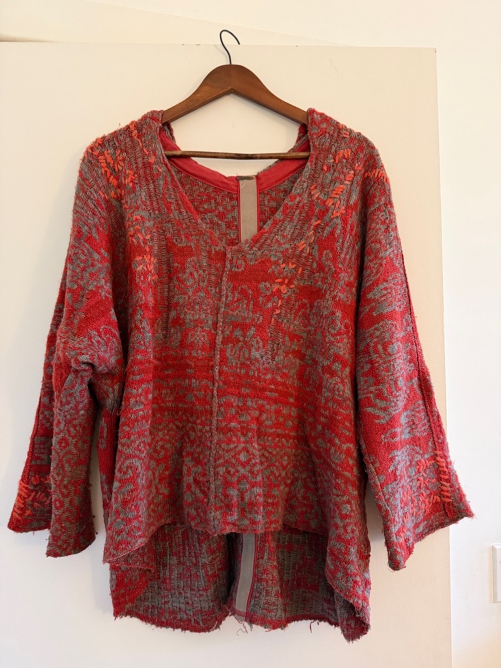 Free People Red and Gray Patterned Knit Sweater